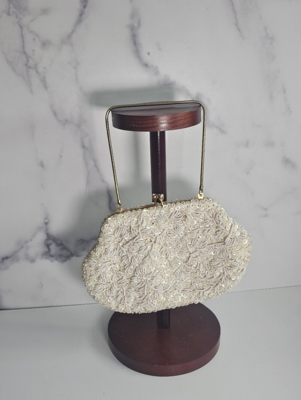 Vintage White Beaded Sequin Evening Bag Cream Clutch Gold Handle Mid Century